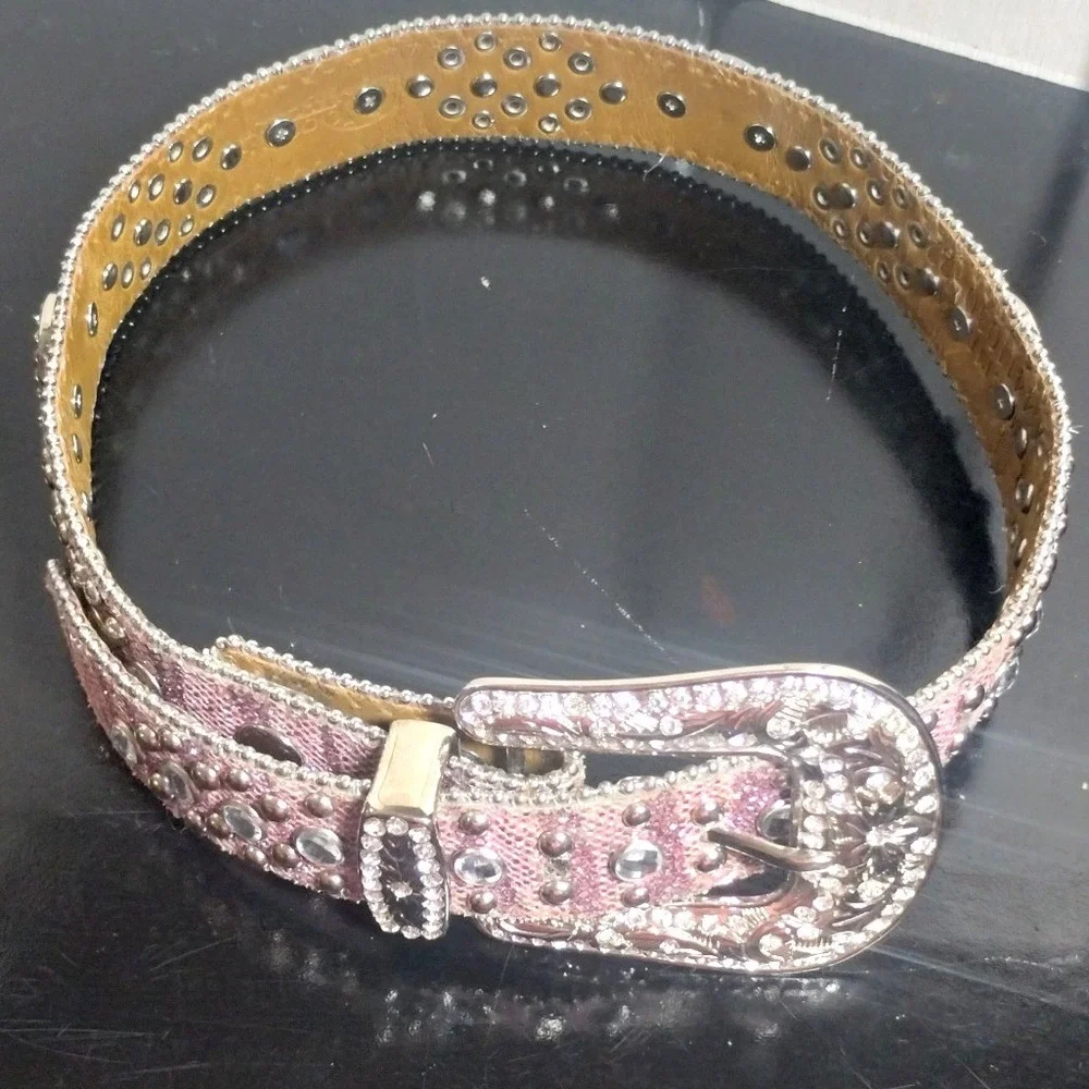 Pink Rhinestone Western Belt Horseshoe Studded Snakeskin Print Silver Buckle